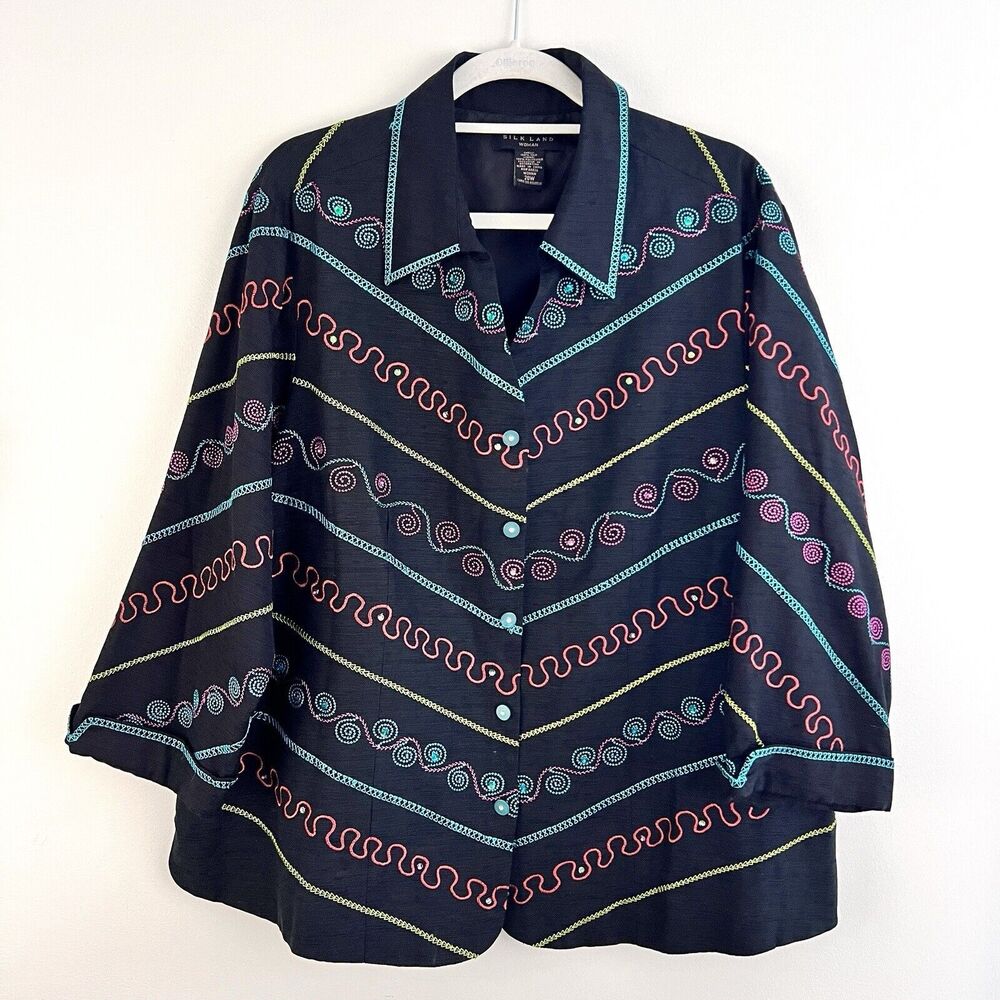 Fun Silkland Whimsical Colorful Emboirdered 100% Silk Button up Blouse ~Plus 20W